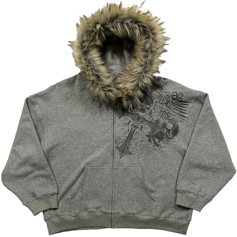 Y2K Aesthetic Faux Fur Zip-Up Hoodie