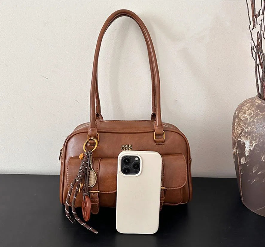 Women’s Coffee Brown Multi-Pocket Shoulder Bag | Vintage PU Leather Crossbody
