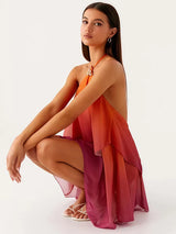 Women's Gradient Halter Backless Mini Dress – Elegant Mesh Off-Shoulder Party Gown