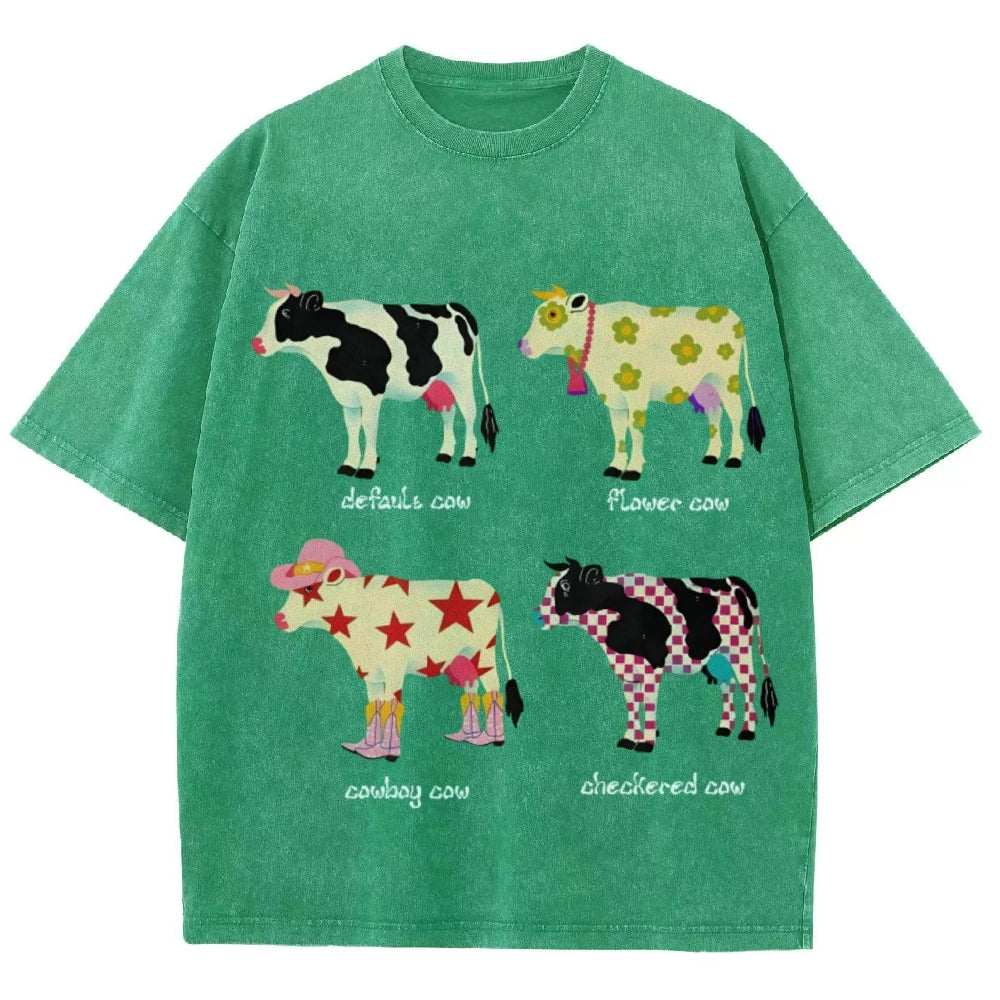 Cute Cartoon Cow Print T-Shirt Pure Cotton Washed Shoulder Round Neck Neutral Style Fashion Trend New High Quality Short Sleeves