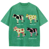 Cute Cartoon Cow Print T-Shirt Pure Cotton Washed Shoulder Round Neck Neutral Style Fashion Trend New High Quality Short Sleeves
