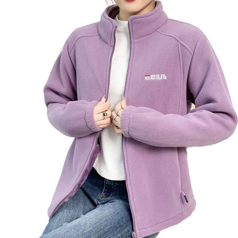 Women's Fleece Zip-Up Jacket with Embroidered Stand Collar