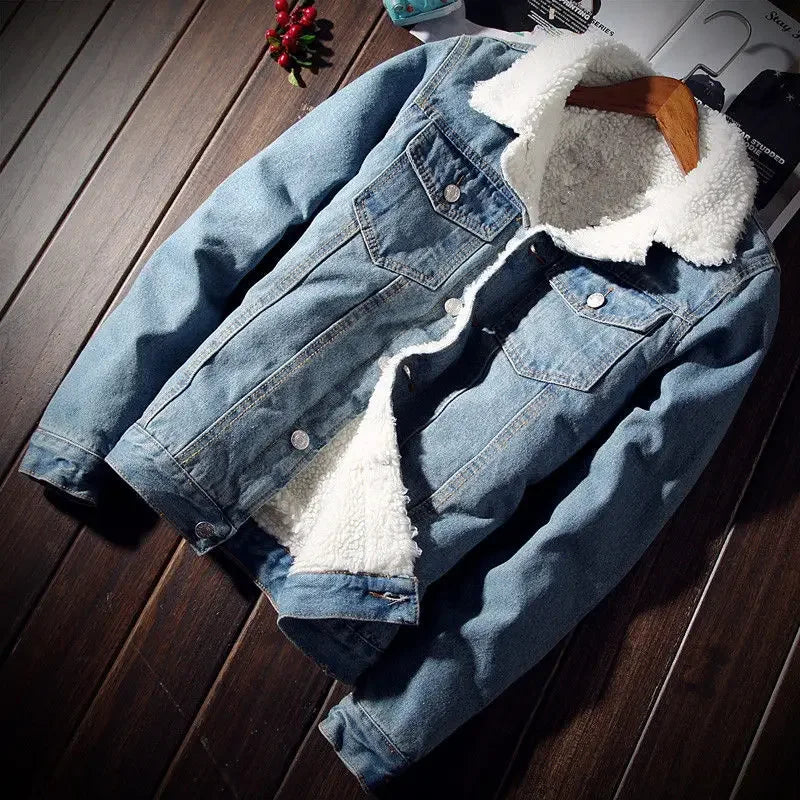 Men’s Winter Sherpa-Lined Denim Jacket – Slim Fit Padded Fleece Coat