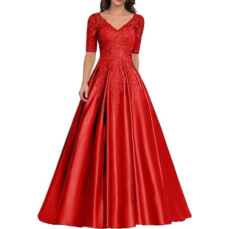 A Line Women Evening Dresses Satin Appliques V Neck Prom Party Gowns Formal Occasion robes de soirée