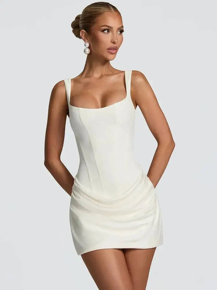 Elegant Backless Ruched Mini Dress | Chic Square Collar Club & Party Wear