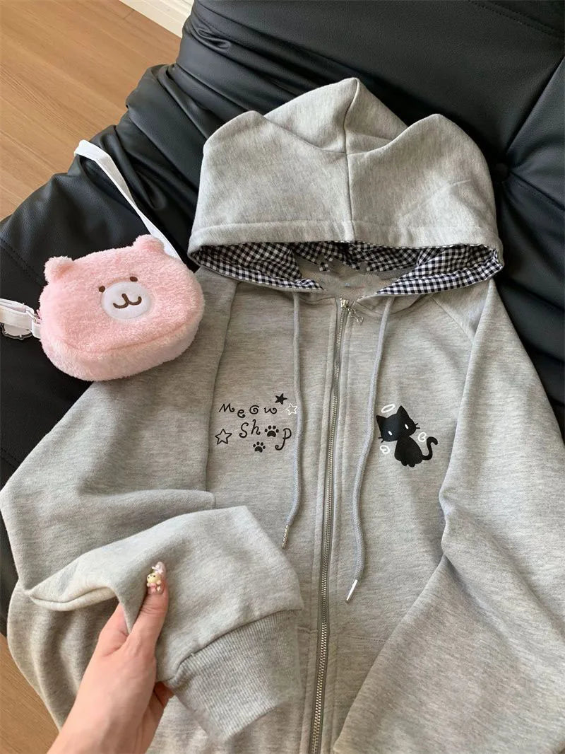 Women's Cute Cat Print Relaxed Zip-Up Hoodie