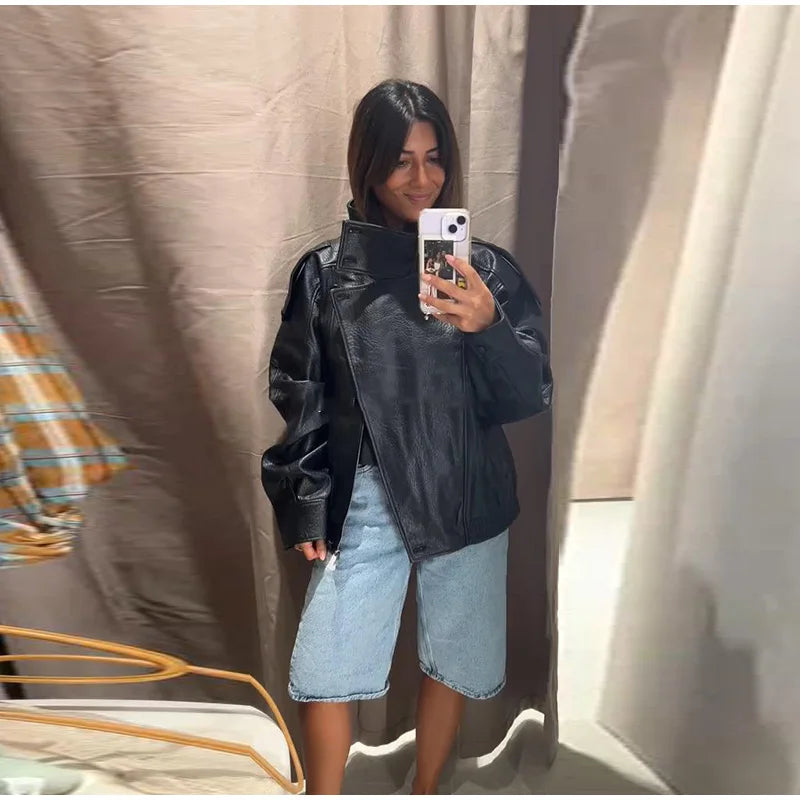 Chic Stand Collar Leather Jacket