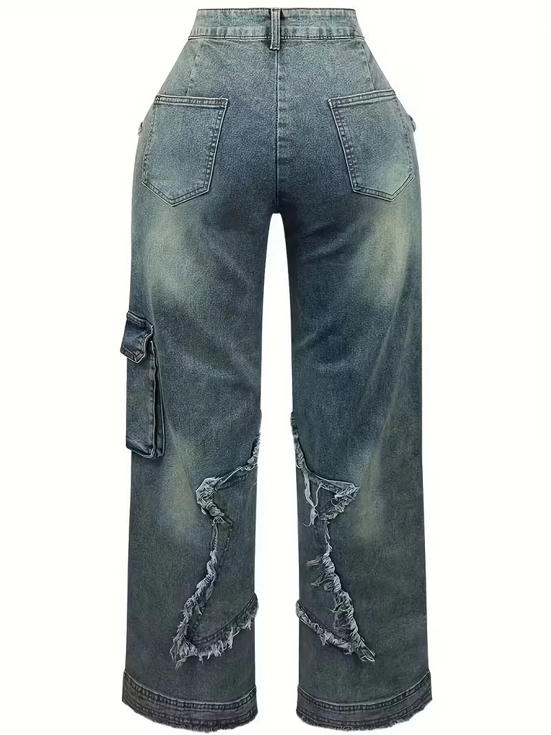 Star Embroidery High-Waist Stretch Jeans