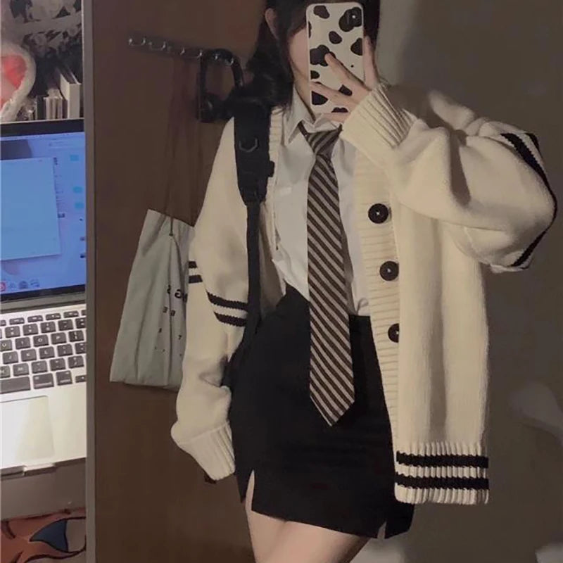 Y2K Striped Loose Cardigan – Vintage V-Neck Knit Sweater Coat