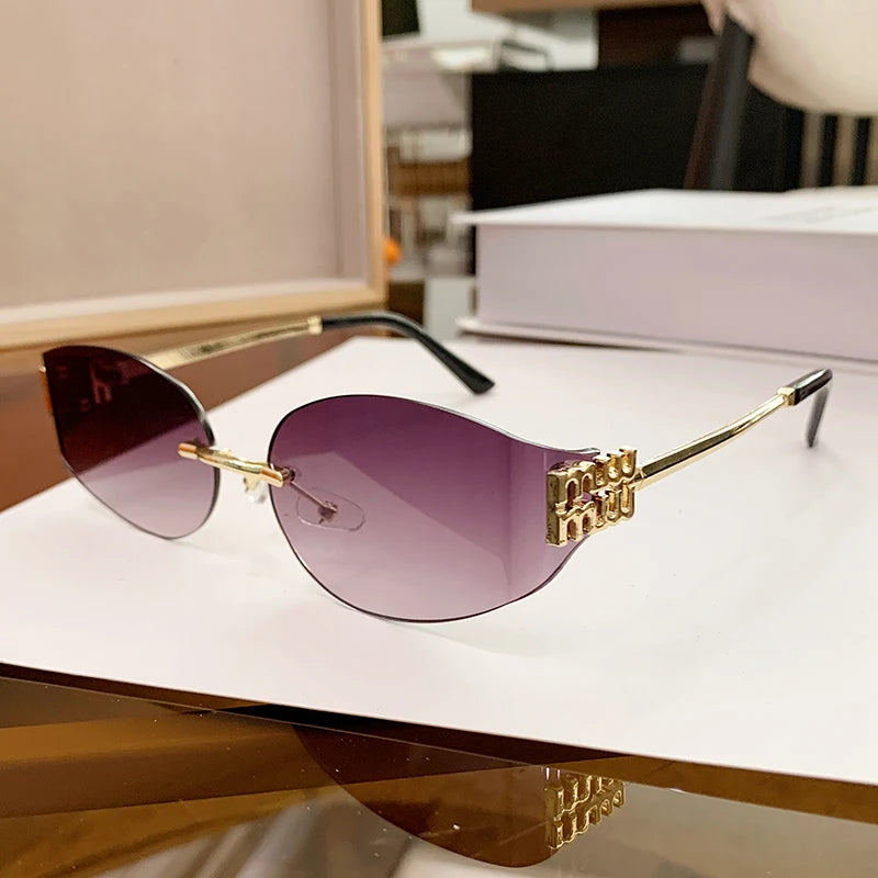 Oversized Rimless Oval Sunglasses – UV400 Metal Frame