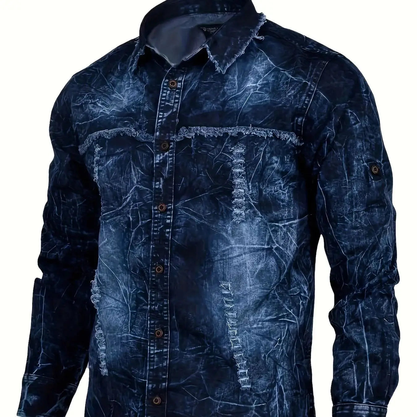 Men's denim shirt for autumn, American retro long-sleeved, washed dark blue, blue denim shirt with double pockets, workwear styl