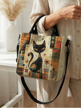 Abstract Geometric Floral Black Cat Art Print Tote Bag Detachable Strap Crossbody Handbag For Women Daily Shopping