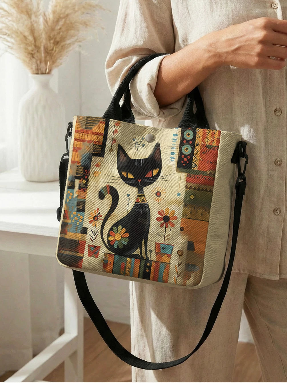 Abstract Geometric Floral Black Cat Art Print Tote Bag Detachable Strap Crossbody Handbag For Women Daily Shopping