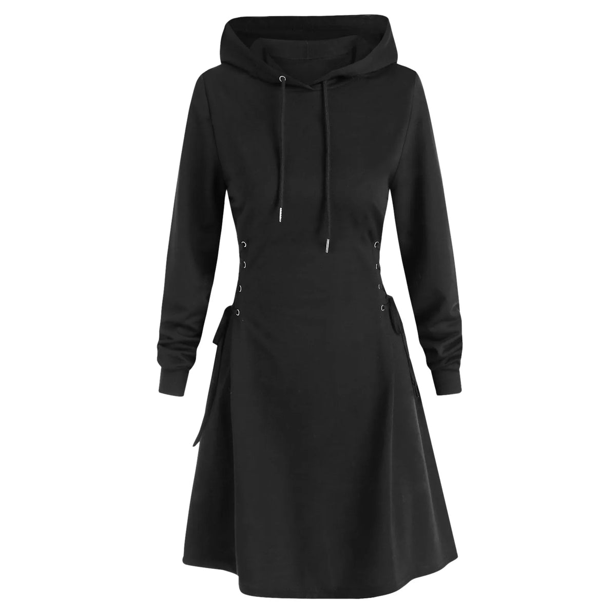 Women Autumn Sweatshirt Dresses Side Lace-Up Waist In Long Sleeve Solid Color Hooded Pullover Tops Casual Long Loose Hoodies