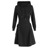 Women Autumn Sweatshirt Dresses Side Lace-Up Waist In Long Sleeve Solid Color Hooded Pullover Tops Casual Long Loose Hoodies