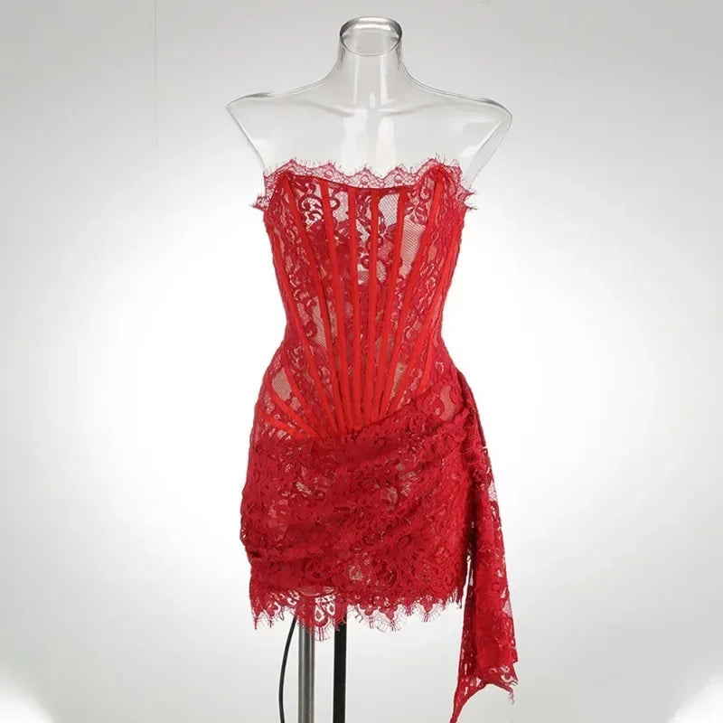 Strapless Lace Mini Dress – Elegant Sheer Patchwork Slim Fit Evening Dress