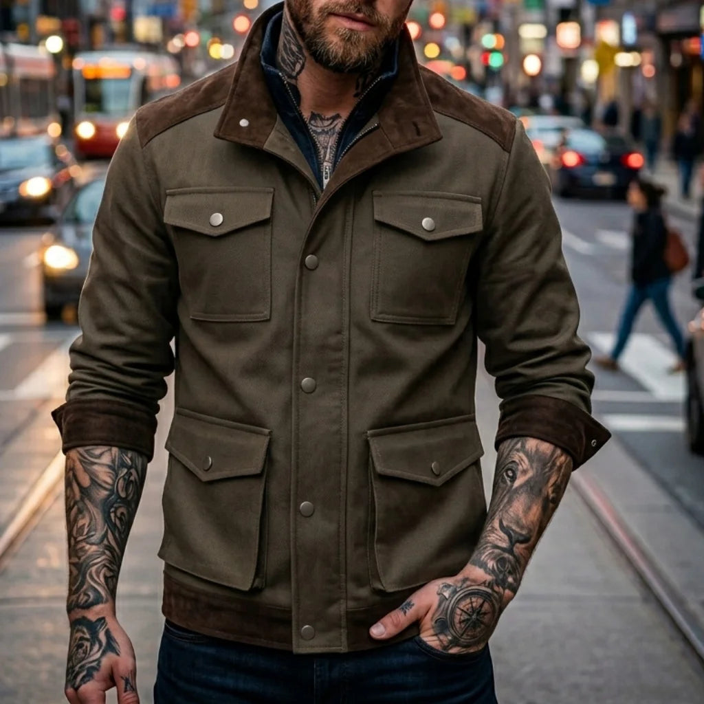 New Denim Men's Jacket Multi-pocket Fake Two Coats Denim Contrast Jacket Suede Matching Design Men's Streetwear Men's Denim Top
