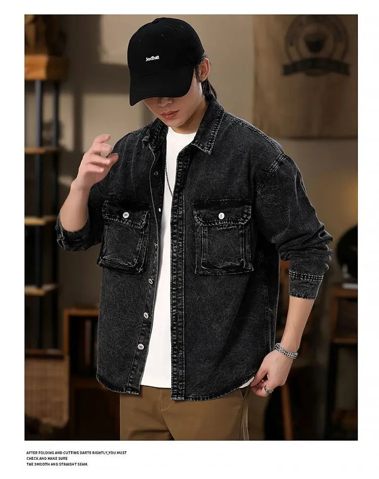 Men Fashion Denim Jackets Coats Loose Fit Pockets Solid Turn Down Collar Full Sleeve Regular Jacket Spring 2025 Causal Clothing
