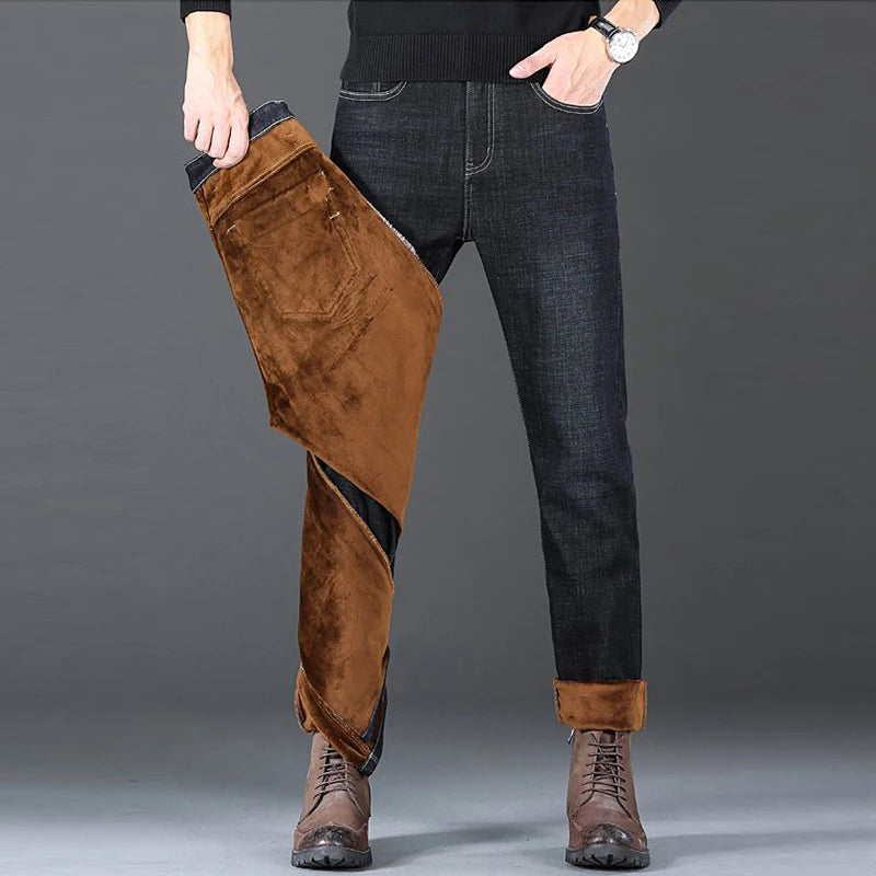 Men Winter Snow Warm Plush  Loose Minimalist Jeans Male Fleece Lined ThickenedStraight Denim Pants Slim Fit Elasticity Trousers