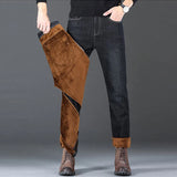 Men Winter Snow Warm Plush  Loose Minimalist Jeans Male Fleece Lined ThickenedStraight Denim Pants Slim Fit Elasticity Trousers