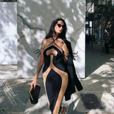 Elegant Mesh Patchwork Halter Gown