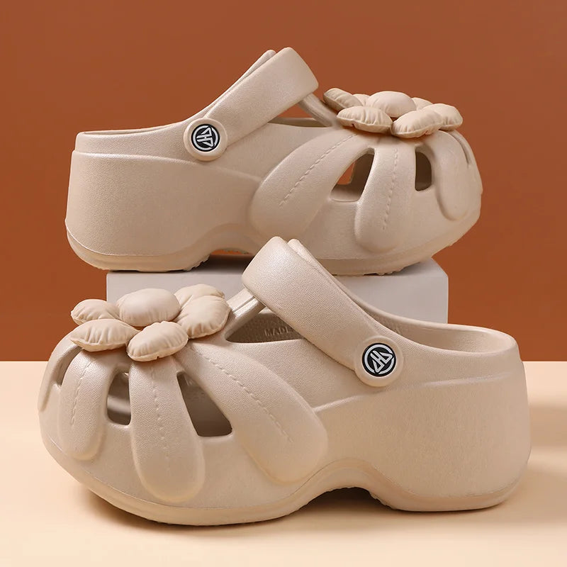 Women's Platform Clog Sandals with Flower Decor — EVA Wedge Beach Shoes