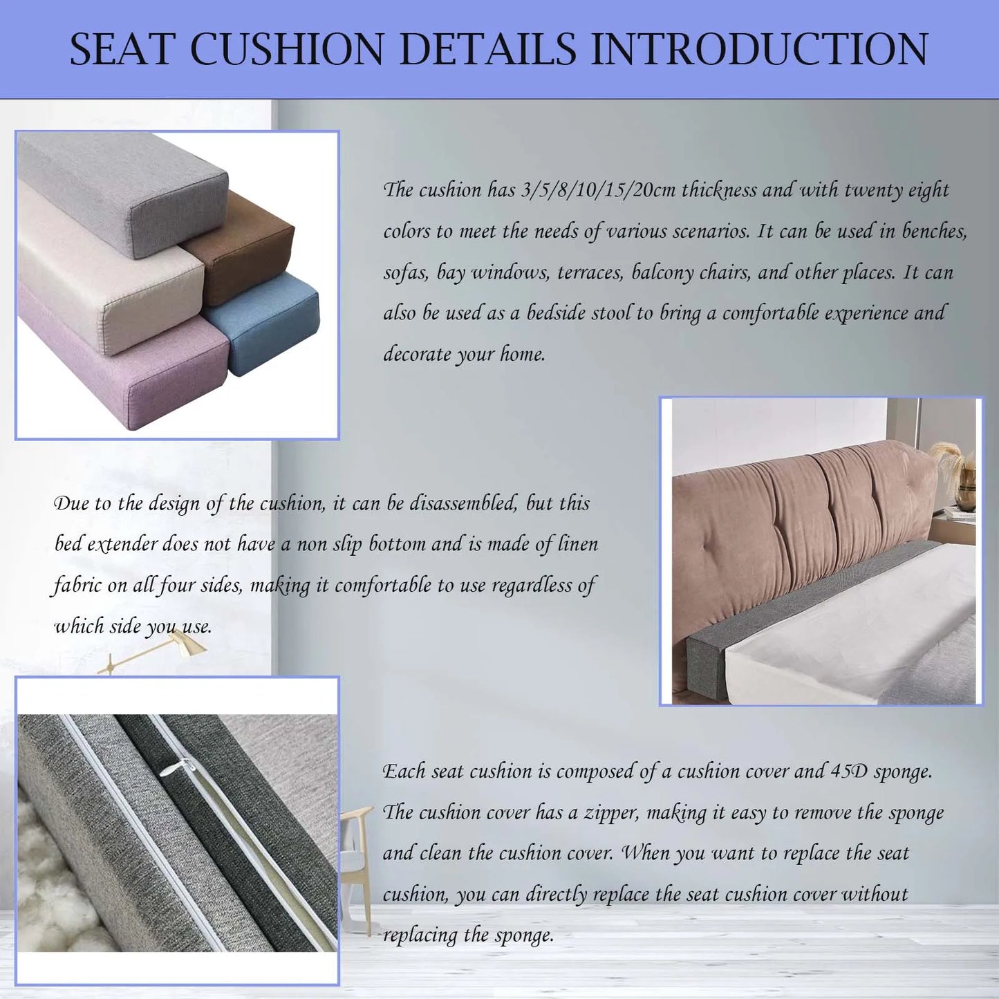 Linen Seat & Window Cushion with Zipper | Custom Sizes