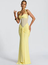Women’s Halter Backless Maxi Dress – Off-Shoulder Ruched Bodycon Club Party Gown