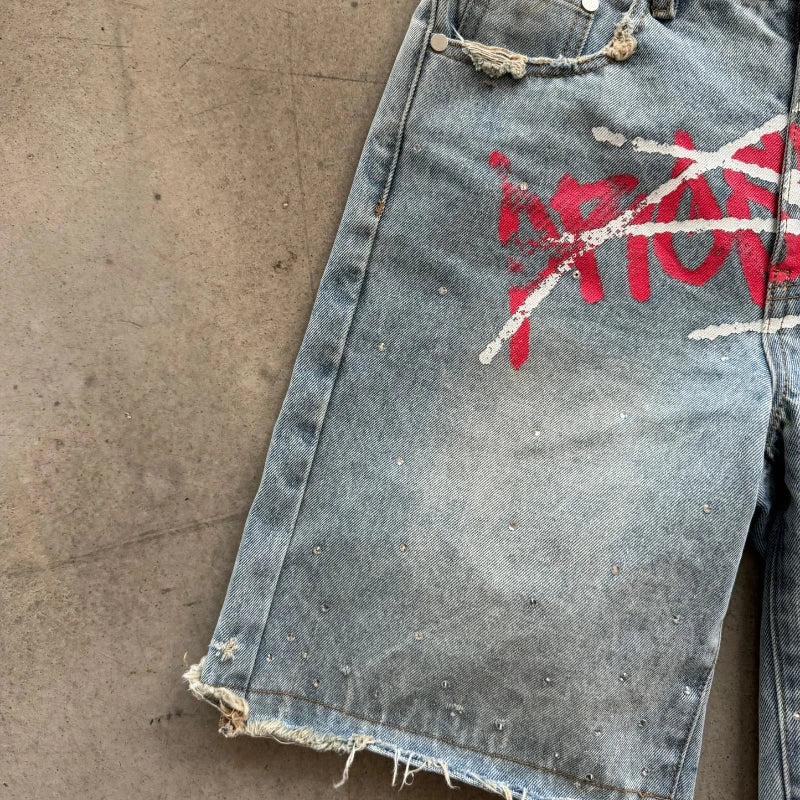 Y2K Graffiti Rhinestone Jorts | Retro Hip Hop Baggy Distressed Denim Shorts