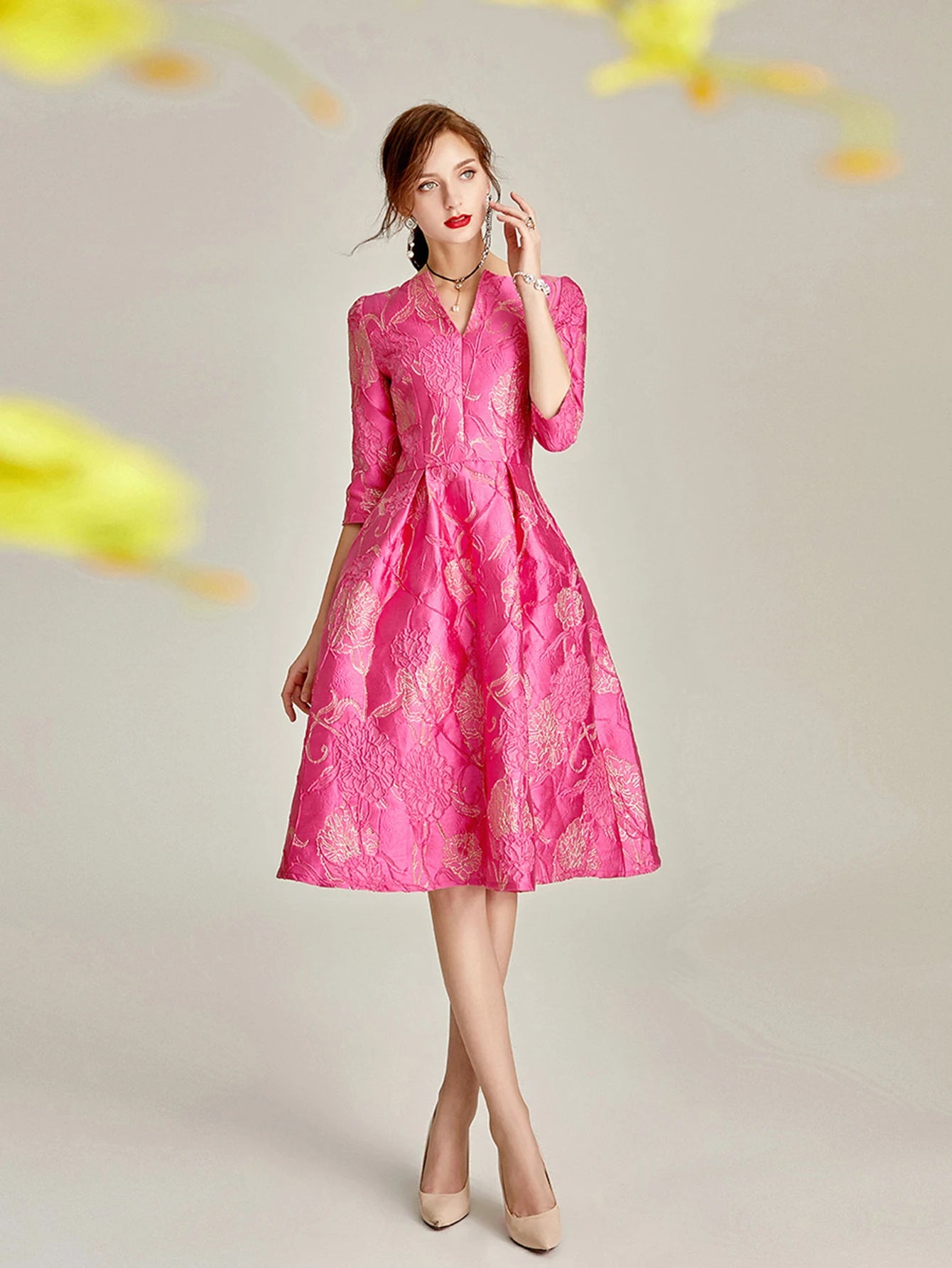 Women's Rose Jacquard V-Neck A-Line Party Dress