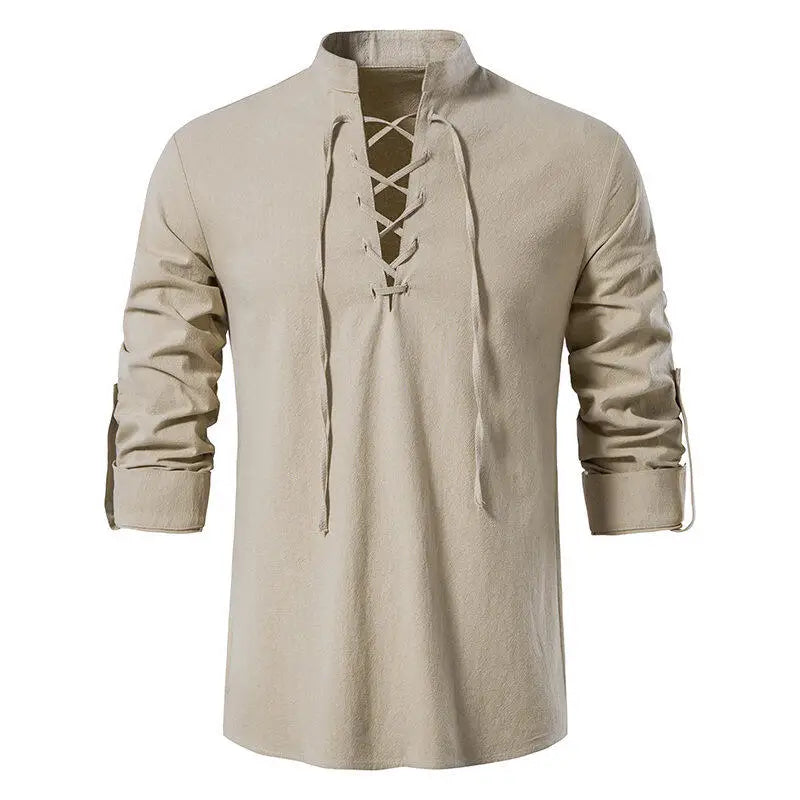Men's Casual Henley Shirt — Stand Collar, Long Sleeve with Drawstring Cuffs