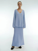 Women's V-Neck Knitted Sweater & Ankle-Length Skirt 2-Piece Set