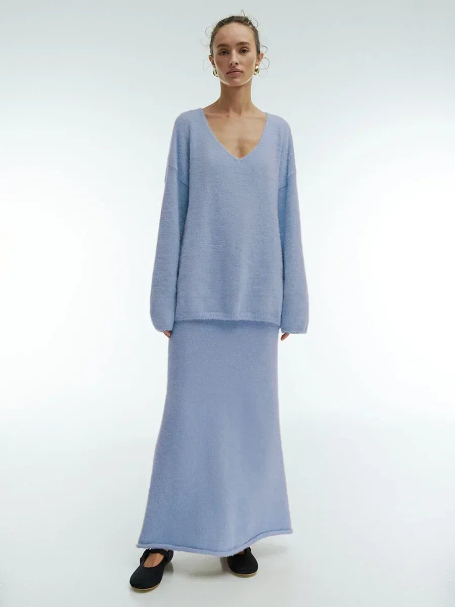 Women's V-Neck Knitted Sweater & Ankle-Length Skirt 2-Piece Set