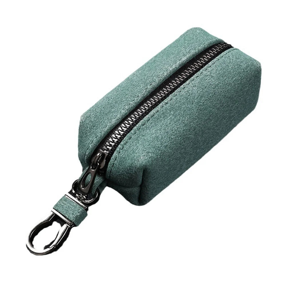 Portable Keychain Wallet for Men Women Large-Capacity Double Zipper Key Pouch Bag Suede Leather Key Case Unisex Coin Purse