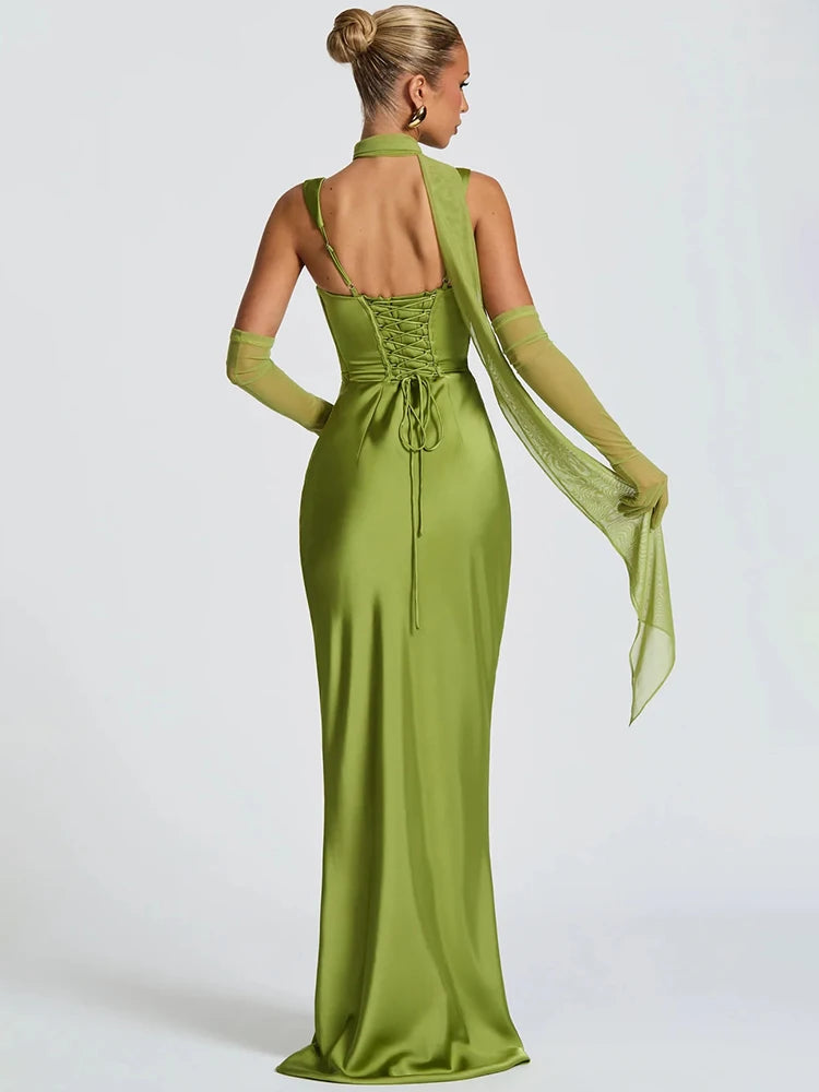 Elegant Backless Satin Maxi Dress – Sleeveless Halter Bodycon Party Gown