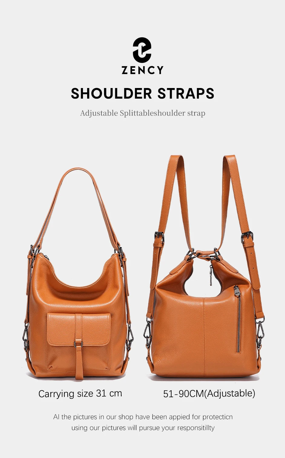 Zency Fashion Women Shoulder Bag 100% Genuine Leather Large Capacity Handbag Multifunction Use Satchel Crossbody Messenger Purse