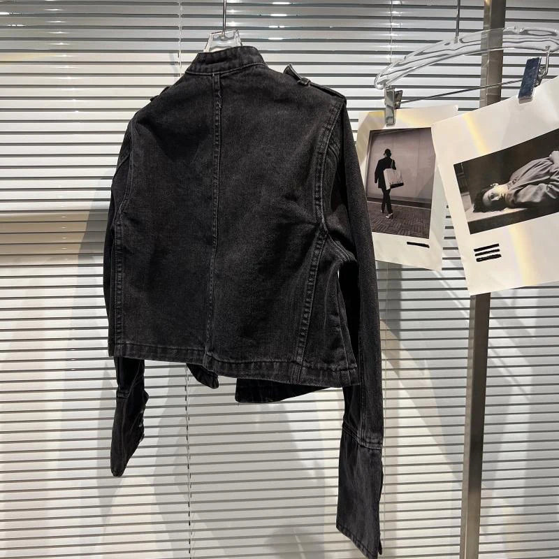 Punk Style Black Stand Up Collar Denim Jacket - Vintage Washed Motor Coat