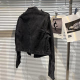 Punk Style Black Stand Up Collar Denim Jacket - Vintage Washed Motor Coat