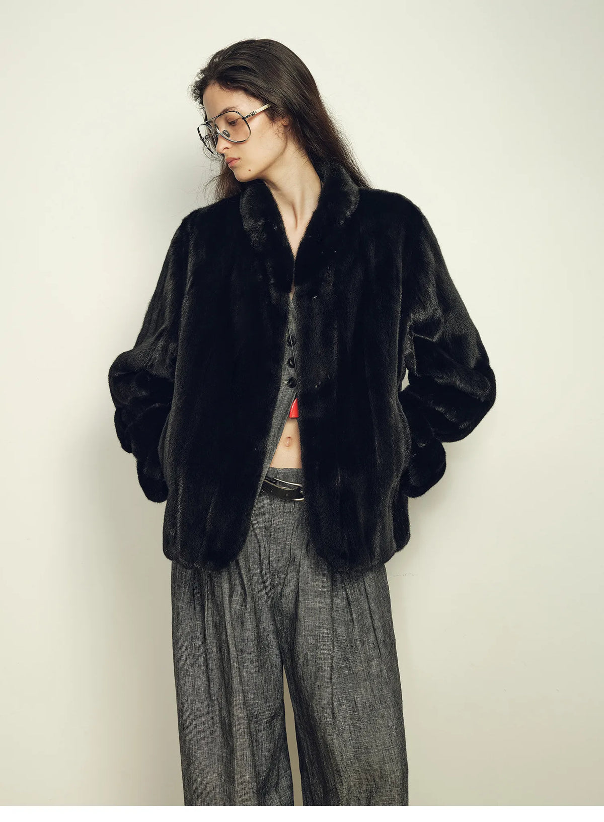Women's Short Faux Fur Coat with Stand Collar