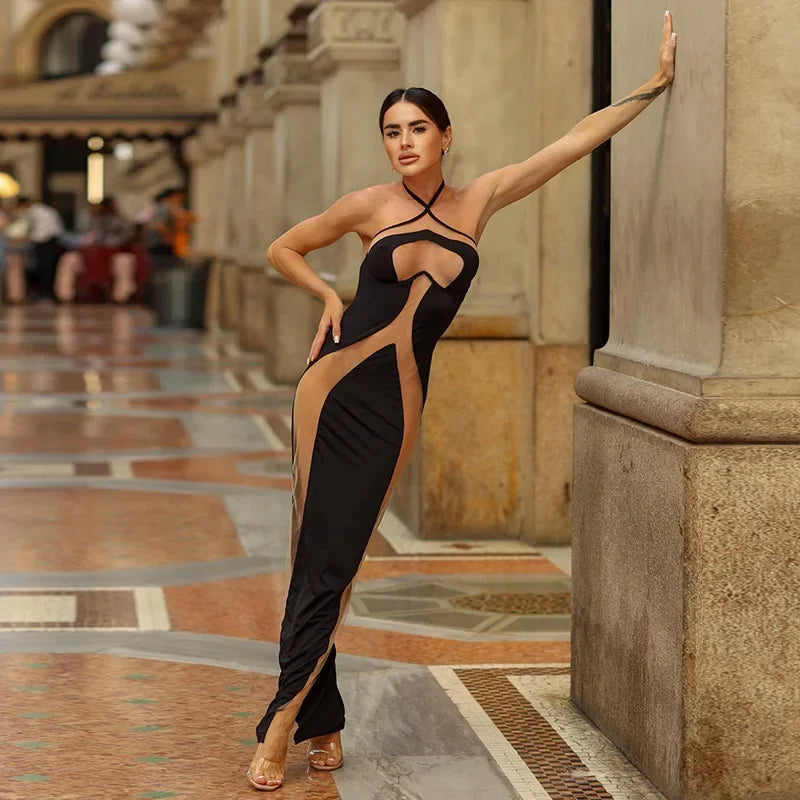 Elegant Mesh Patchwork Halter Gown