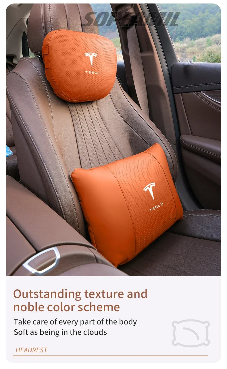 Car Double-Sided Suede Leather Headrest Neck Support Pillow Seat Waist Cushion Tesla Cybertruck Model 3 Model Y Model S Model X