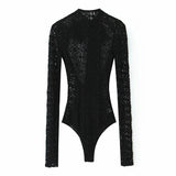Women 2025 Autumn New Lace Bodysuit Women's Bodysuit Black Cutwork O-Neck Long Sleeves Bodysuits+Splicing Mini Skirt Suit