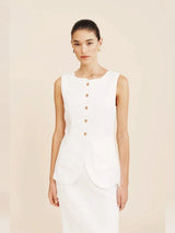 Bornladies Women's Sleeveless Vest High Waisted Skirt Set Spring Summer New Linen Casual Suit Fashion Office Lady Vest Set