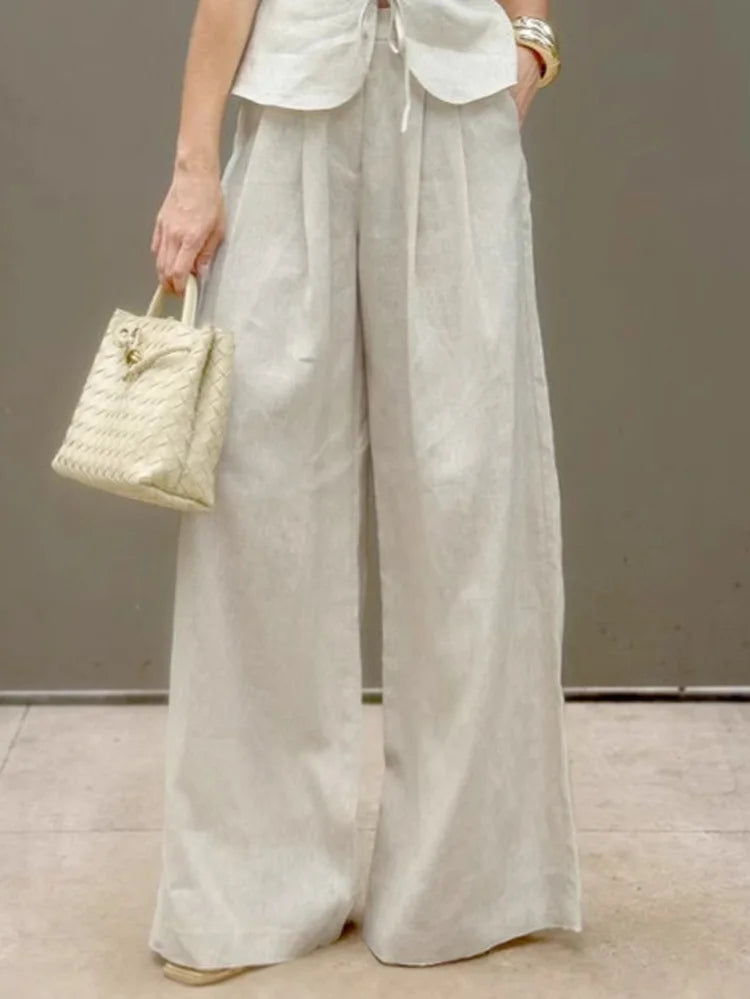 Mueyaruho Women 2026 Summer Office Pant Set Suits Solid Beige Outfits 2 Two Piece Wide Leg Matching Set For Women