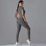 Zip-Front Yoga Jumpsuit - Quick-Dry Short Sleeve Fitness Bodysuit