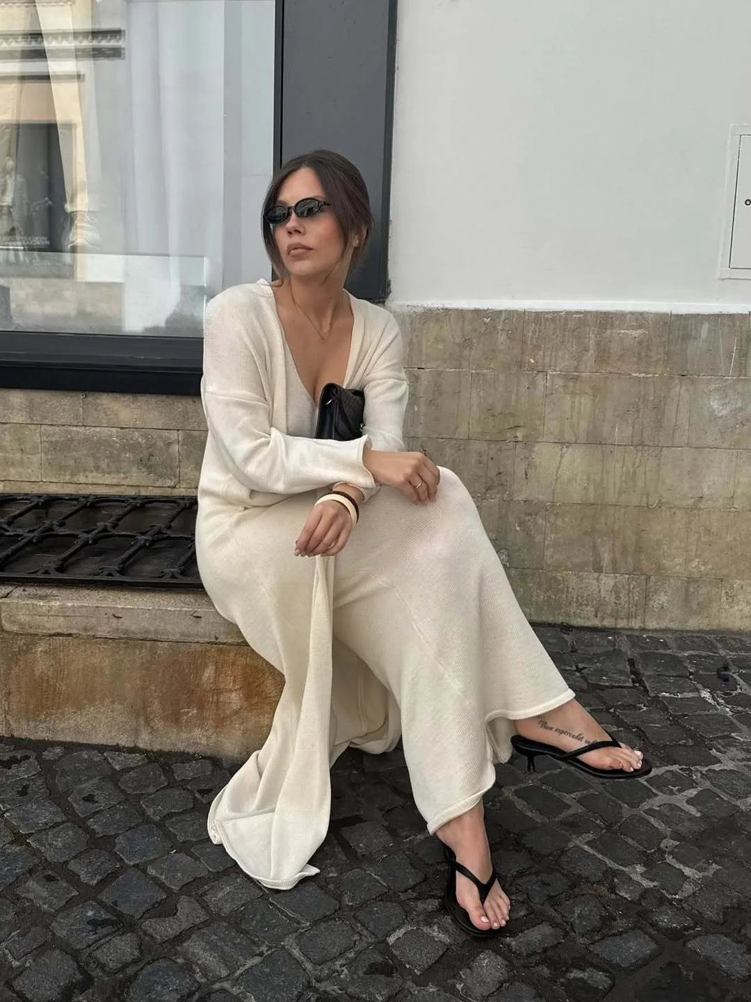 Hirsionsan Soft Loose Sets Women Two Pieces Long Sleeve Cardigan & Vest Dresses Elegant Female Hollow Outfits Cotton Tracksuit