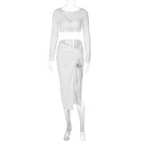 Cryptographic Ruched Long Sleeve Cropped Top and Skirt Co-ords Set Elegant Fashion Club Outfits Asymmetric Split Matching Sets