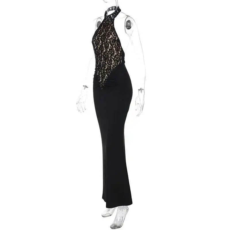 Lace Halter Backless Maxi Dress - Off-Shoulder Bodycon Party Gown
