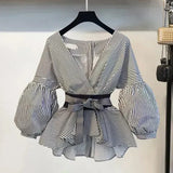 Women Elegant V-Neck Stripe Lantern Sleeve Bow Belt Trend Slim Chiffon Shirt Top And Korean Ripped Jeans Office Lady Casual Suit