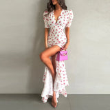 Print Chiffon Long Dress Women V Neck Half Sleeves High Waist Ruffles Belts Split Robe Female 2026 Summer Chic Vacation Dresses